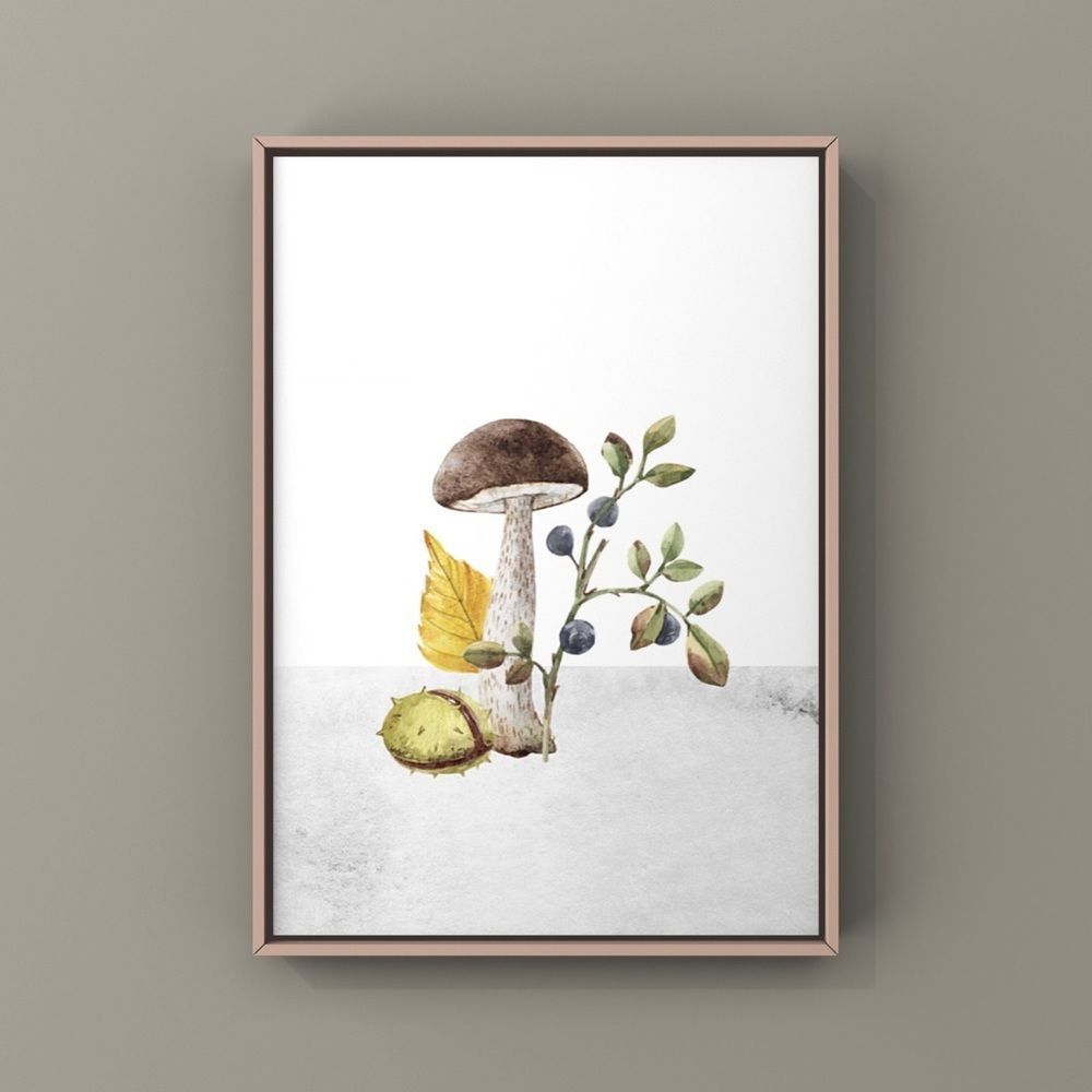 Watercolor mushroom art print. Trendy art with vintage look berries and leaves